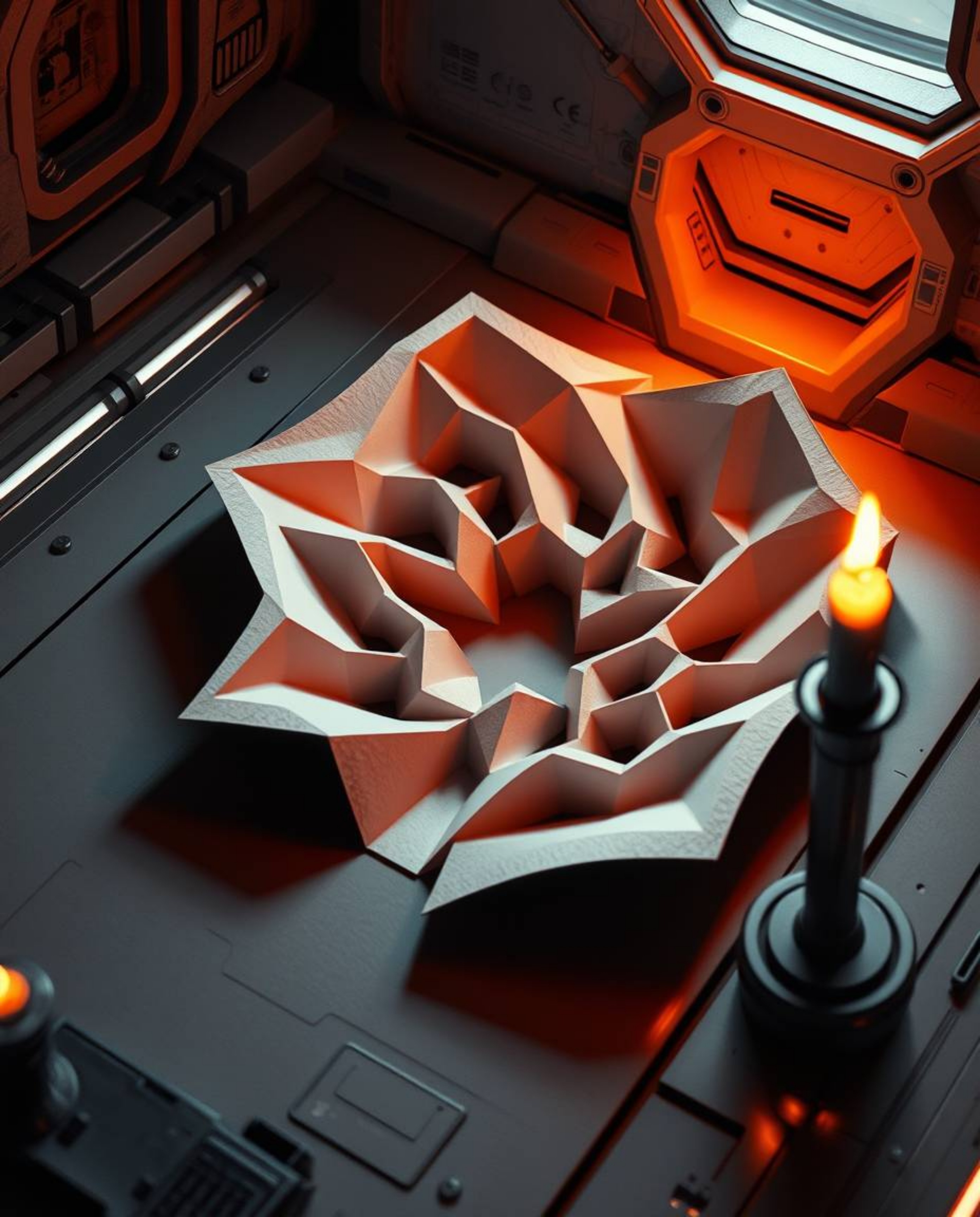 Experience a captivating high-angle view of a futuristic sci-fi scene.  A monochrome 3D geometric pattern, reminiscent of fol