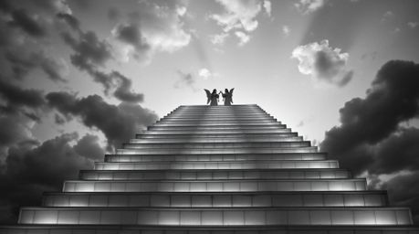 A captivating black and white photograph depicts glowing bioluminescent steps rising towards a cloudy sky, creating a surreal