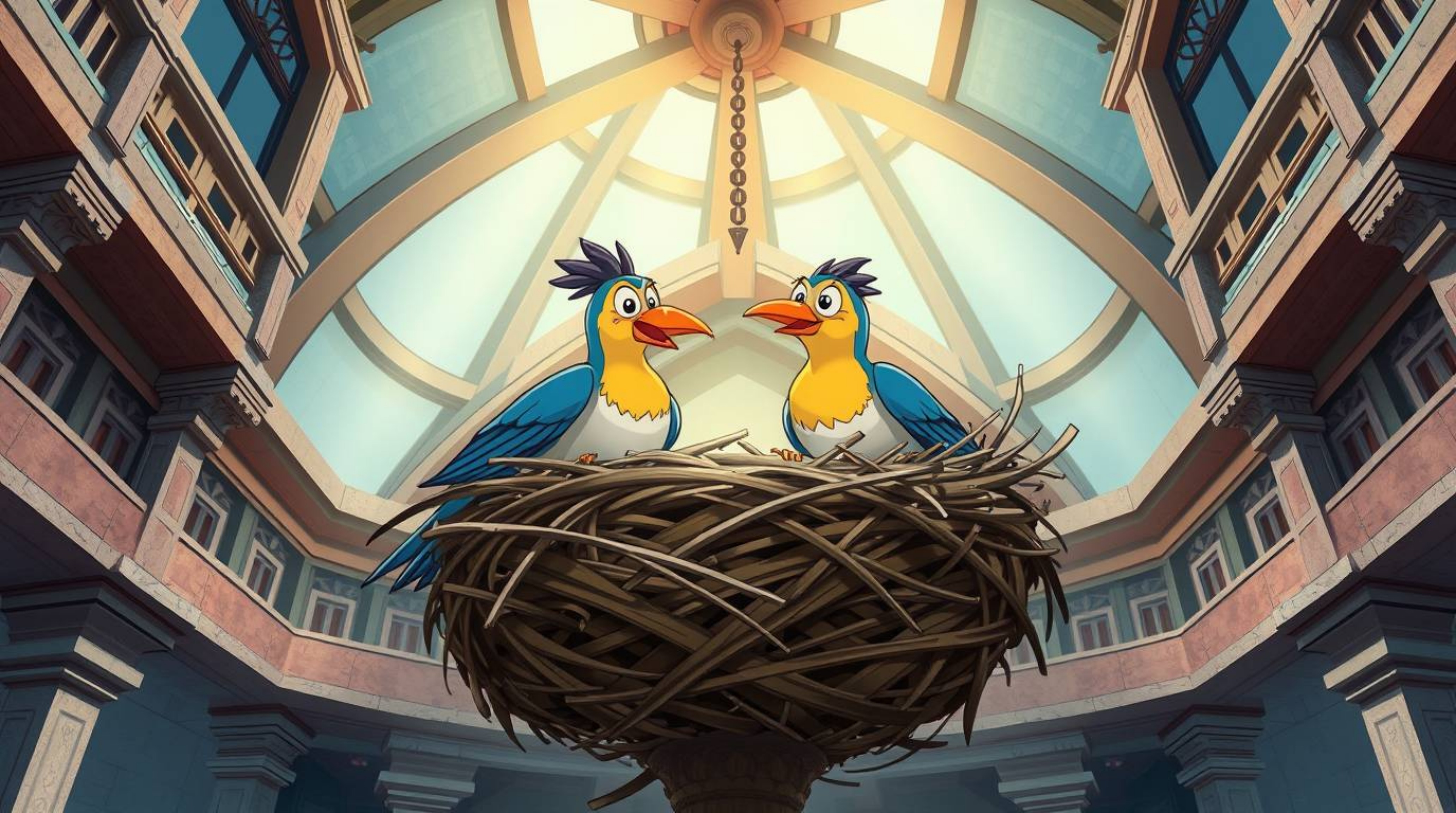 A captivating image showcasing two cartoon birds meticulously constructing a nest, rendered in a classic animation style.  Th