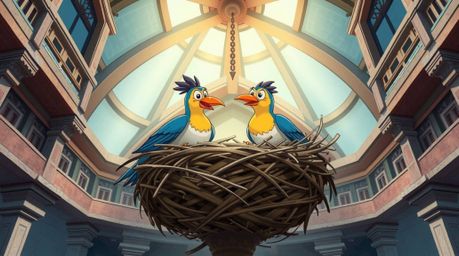 A captivating image showcasing two cartoon birds meticulously constructing a nest, rendered in a classic animation style.  Th