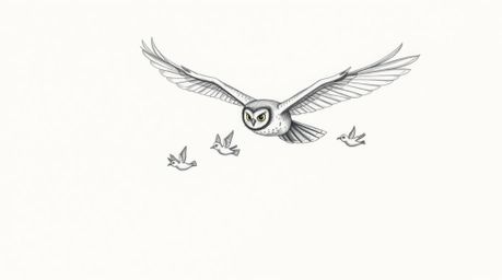 A heartwarming hand-drawn sketch in the style of Pixar portrays a blind owl in mid-flight, gracefully teaching a group of bir