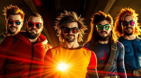 This image showcases a team of misfit heroes brought to life with bright lens flares and a vibrant palette of complementary c