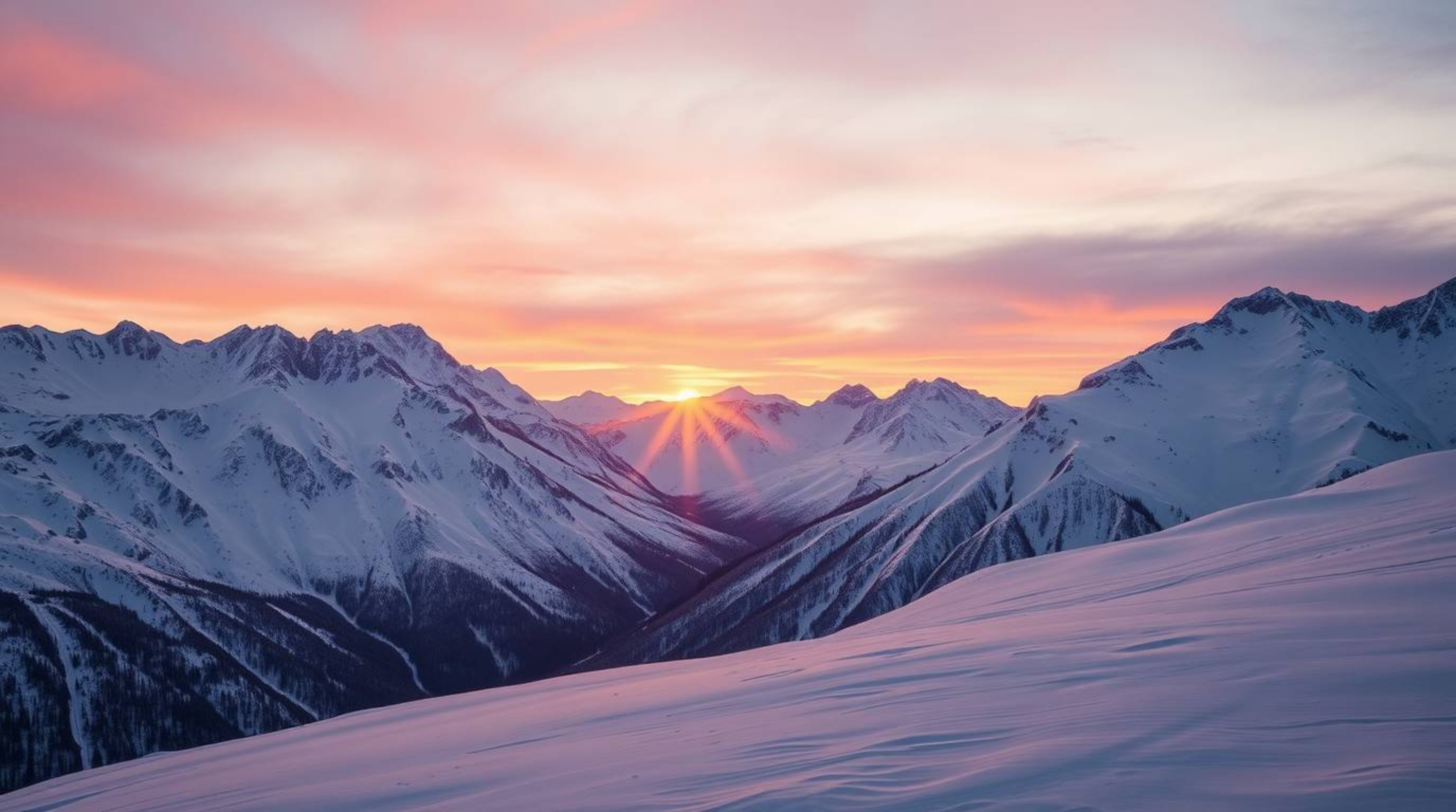 A breathtaking fine art photograph captures snow-covered mountains bathed in the warm glow of a pastel sunset. The image boa