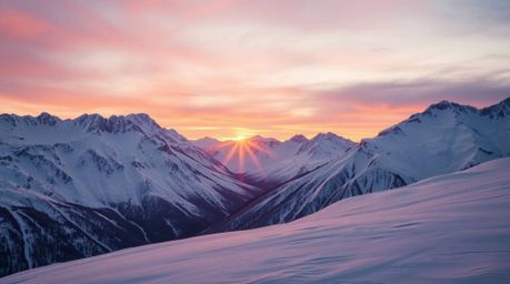 A breathtaking fine art photograph captures snow-covered mountains bathed in the warm glow of a pastel sunset.  The image boa