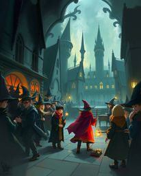 A captivating digital sketch brings a magical school bustling with young wizards to life. Rendered in a dynamic, painterly st