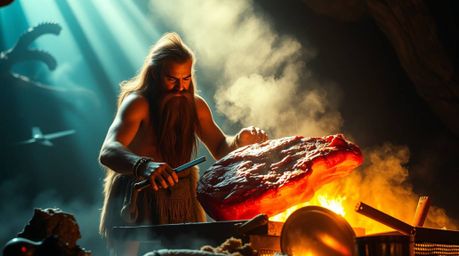 An epic and grand scene depicts a caveman cooking mammoth meat within a cave, beautifully illuminated by volumetric lighting.