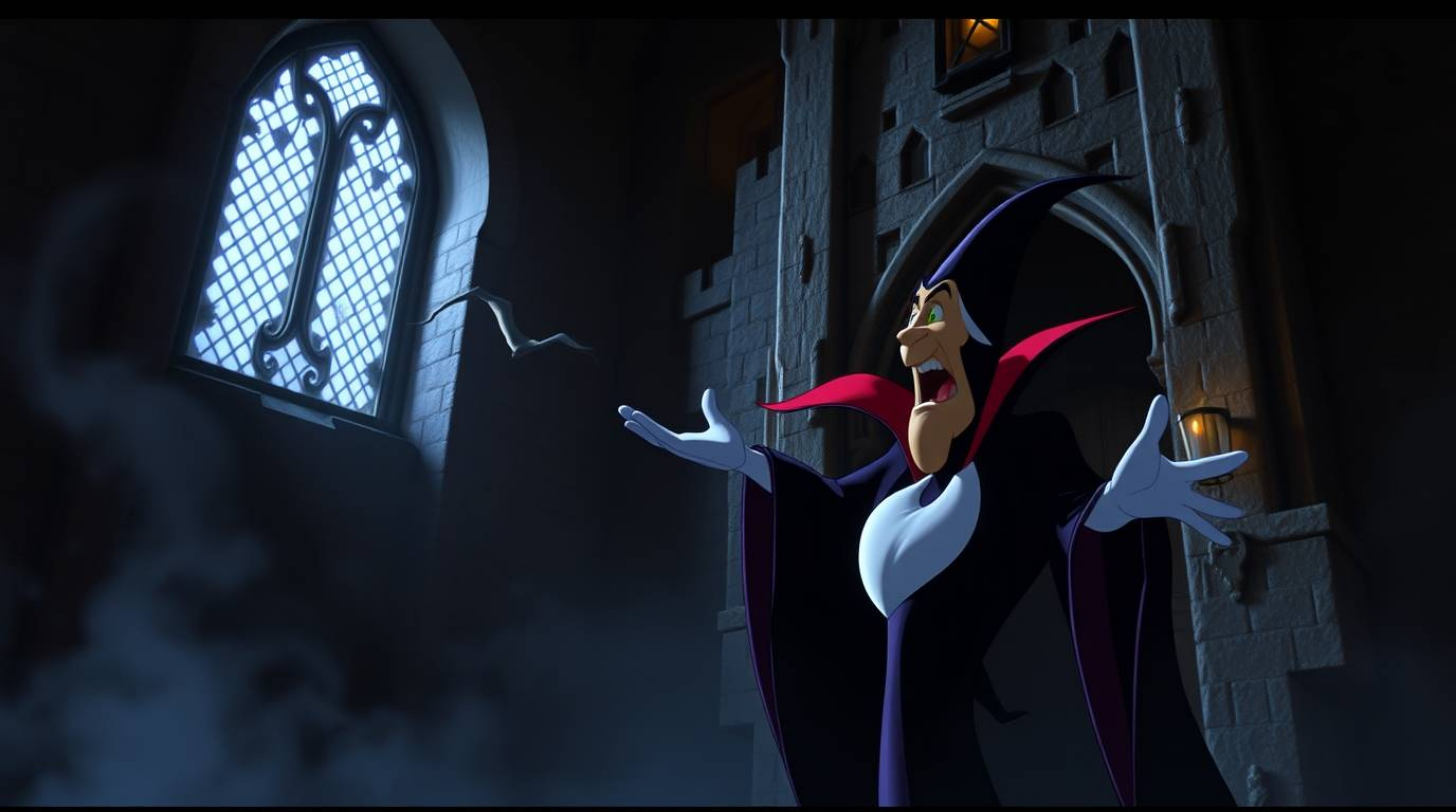 A classic Disney villain casts a powerful spell within the aged walls of an old castle, captured in a dramatic cinematic styl