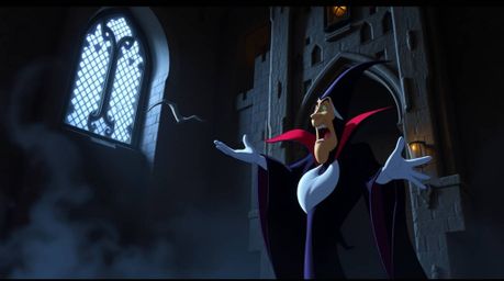 A classic Disney villain casts a powerful spell within the aged walls of an old castle, captured in a dramatic cinematic styl