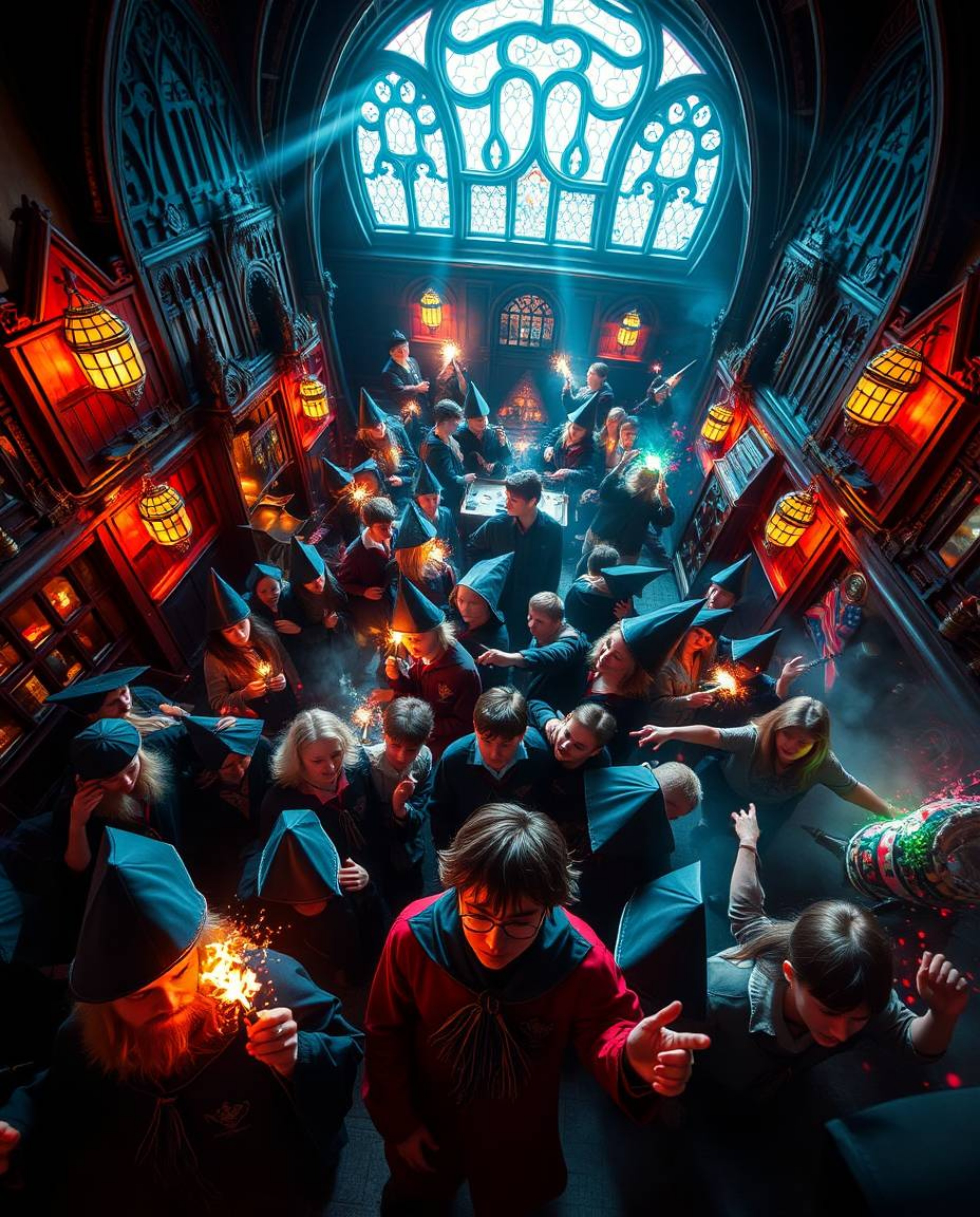 Experience the magic!  This captivating image showcases a high-angle perspective of a lively magical school brimming with you