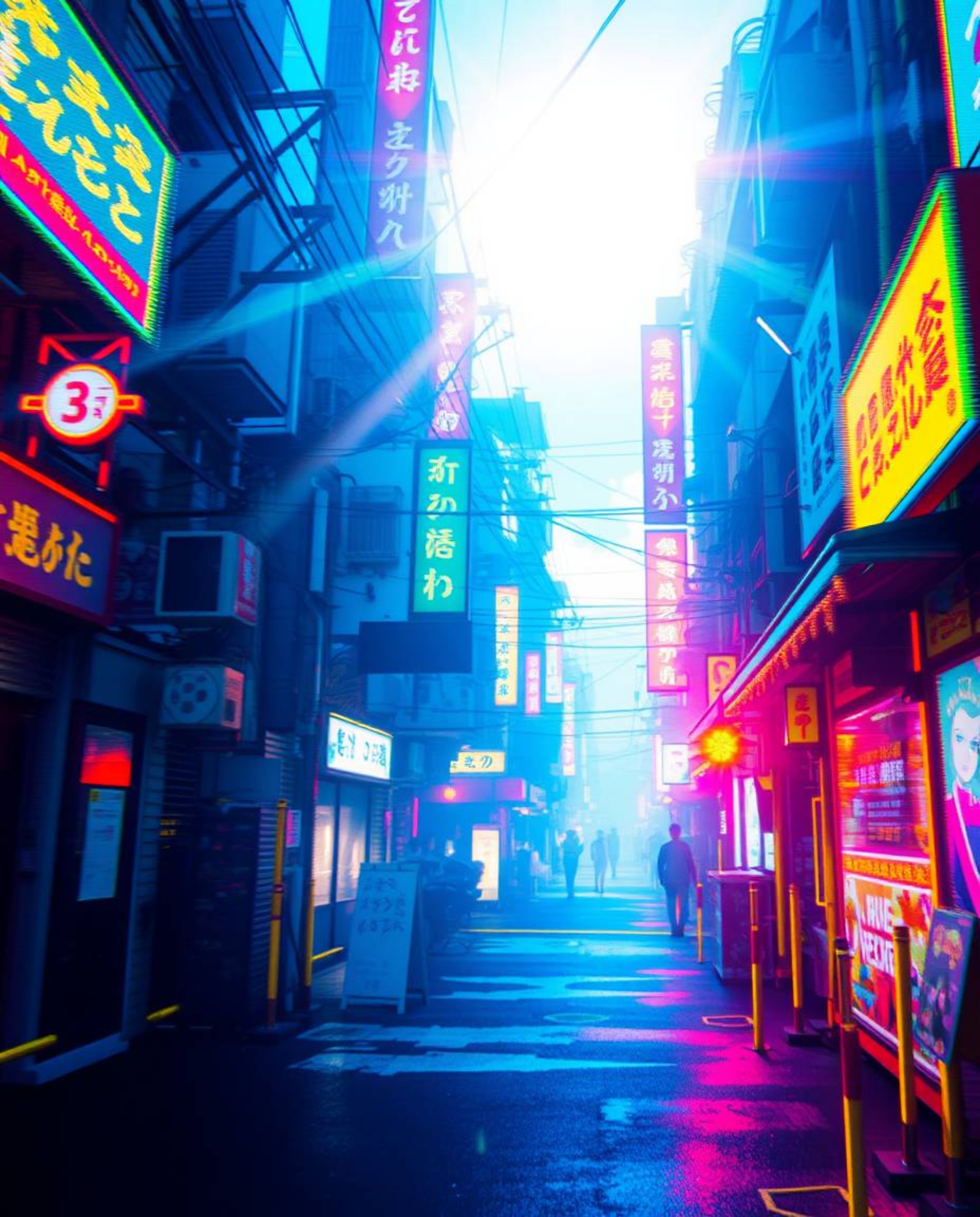 A vibrant and expressive pixelated glitch art image depicting a cyberpunk street scene.  Featuring bright lens flares, neon h