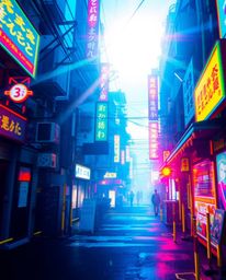 A vibrant and expressive pixelated glitch art image depicting a cyberpunk street scene.  Featuring bright lens flares, neon h