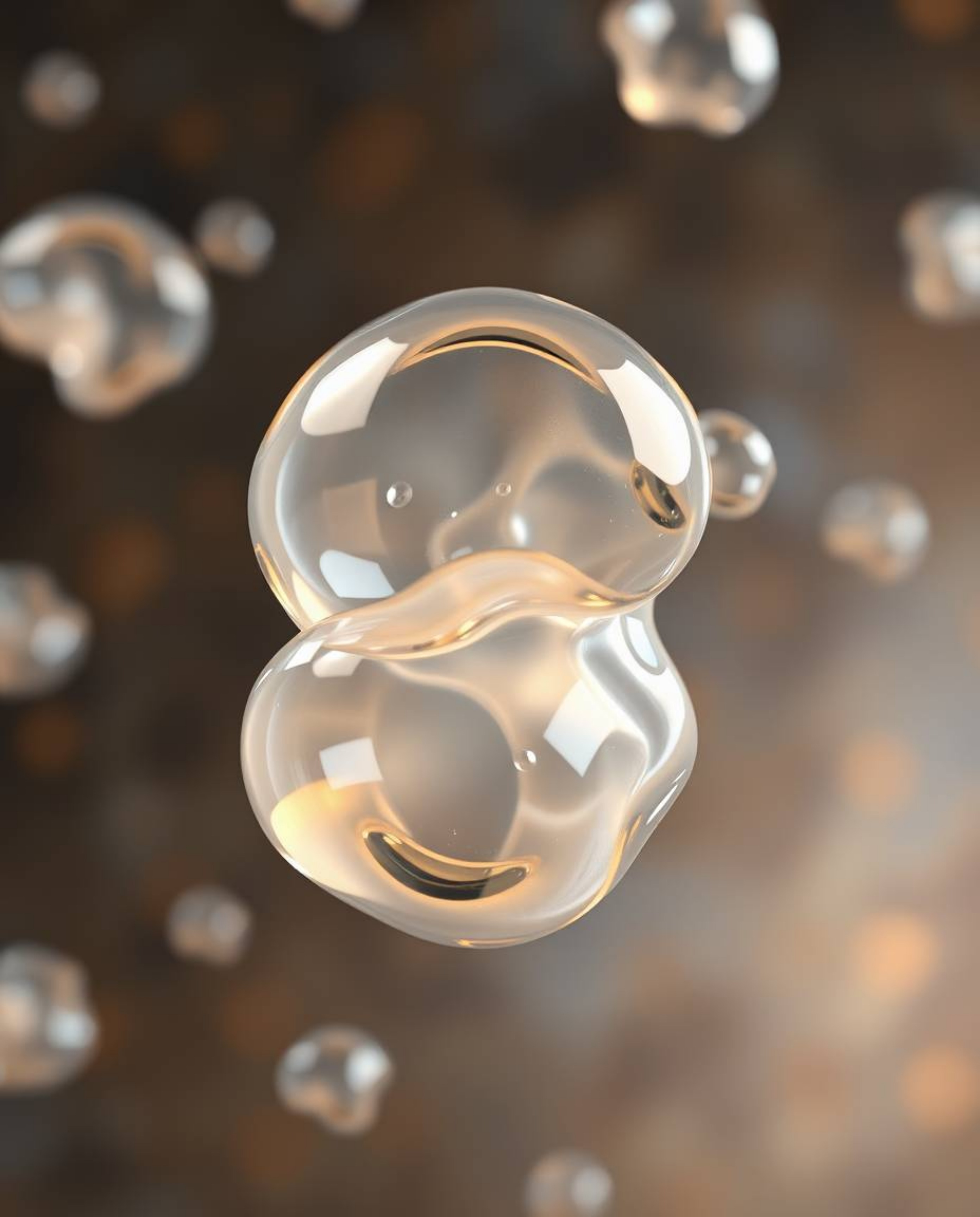 Explore a mesmerizing 3D render showcasing translucent, fluid organic blobs gracefully floating in the vastness of space.  In