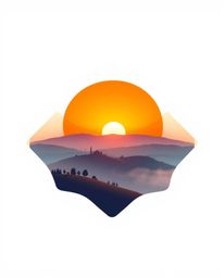 This is a logo design inspired by a high-angle perspective of a sunset over misty Tuscan hills. It features clean lines and g