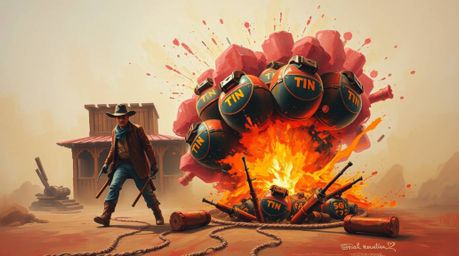 A bold acrylic painting captures a classic Wild West TNT explosion scene.  Vibrant colors, textured brushstrokes, and a soft 