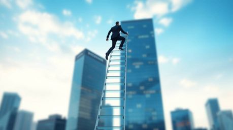 An abstract image depicting the concept of success.  A businessperson ascends a transparent ladder disappearing into a vibran
