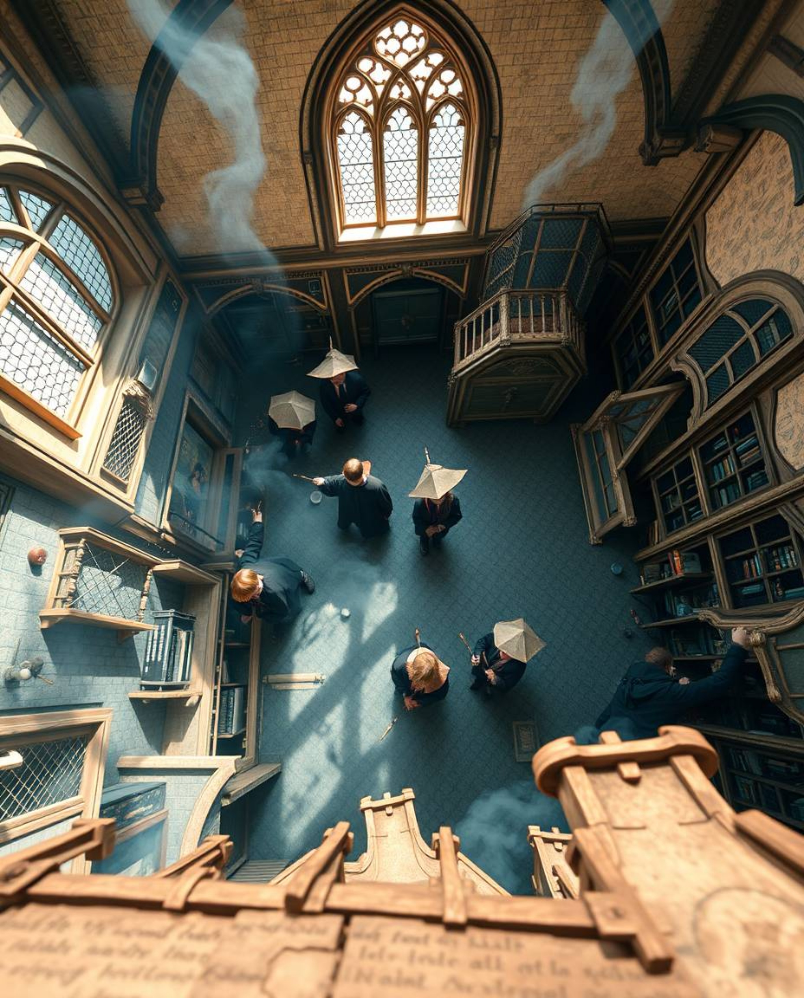Explore a breathtaking bird's-eye view of a magical school brimming with young wizards honing their craft. This vibrant scene