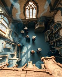 Explore a breathtaking bird's-eye view of a magical school brimming with young wizards honing their craft. This vibrant scene