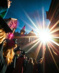 Experience the magic! A low-angle perspective reveals a breathtaking magical school brimming with young wizards. Dynamic lig