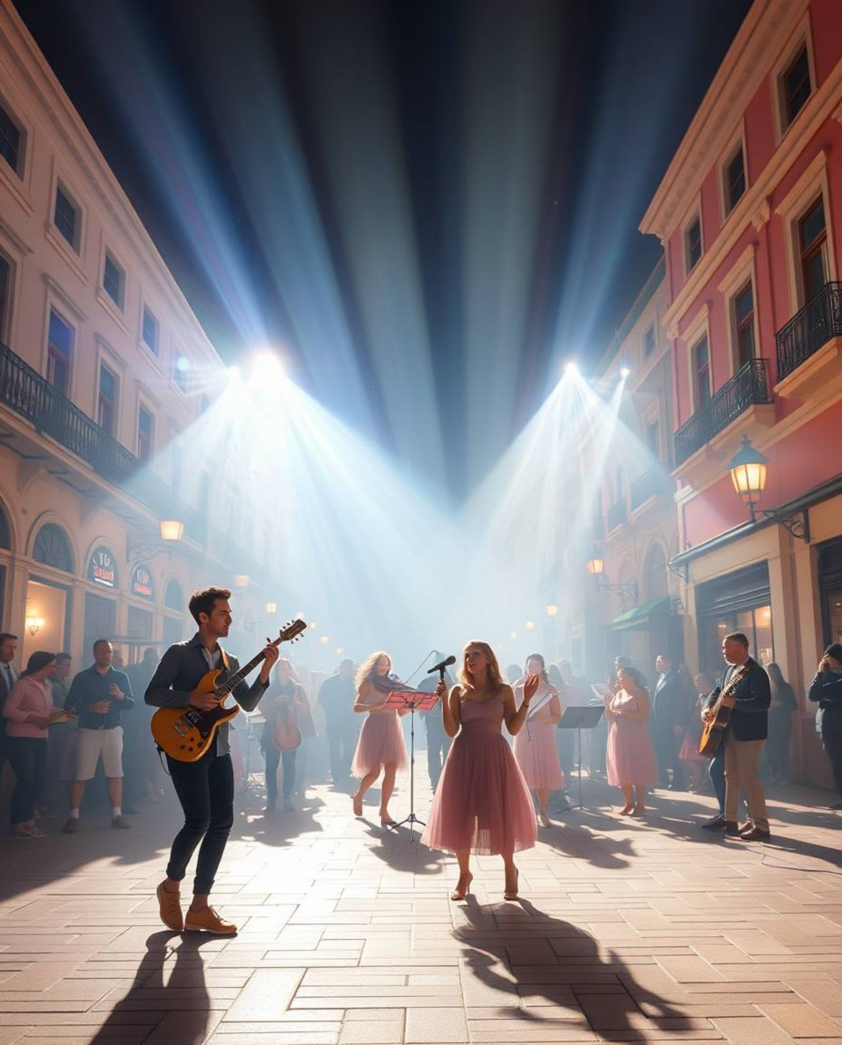 Experience a vibrant musical number unfolding in a sun-drenched town square, enveloped in an ethereal glow.  The scene bursts