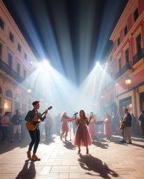 Experience a vibrant musical number unfolding in a sun-drenched town square, enveloped in an ethereal glow. The scene bursts