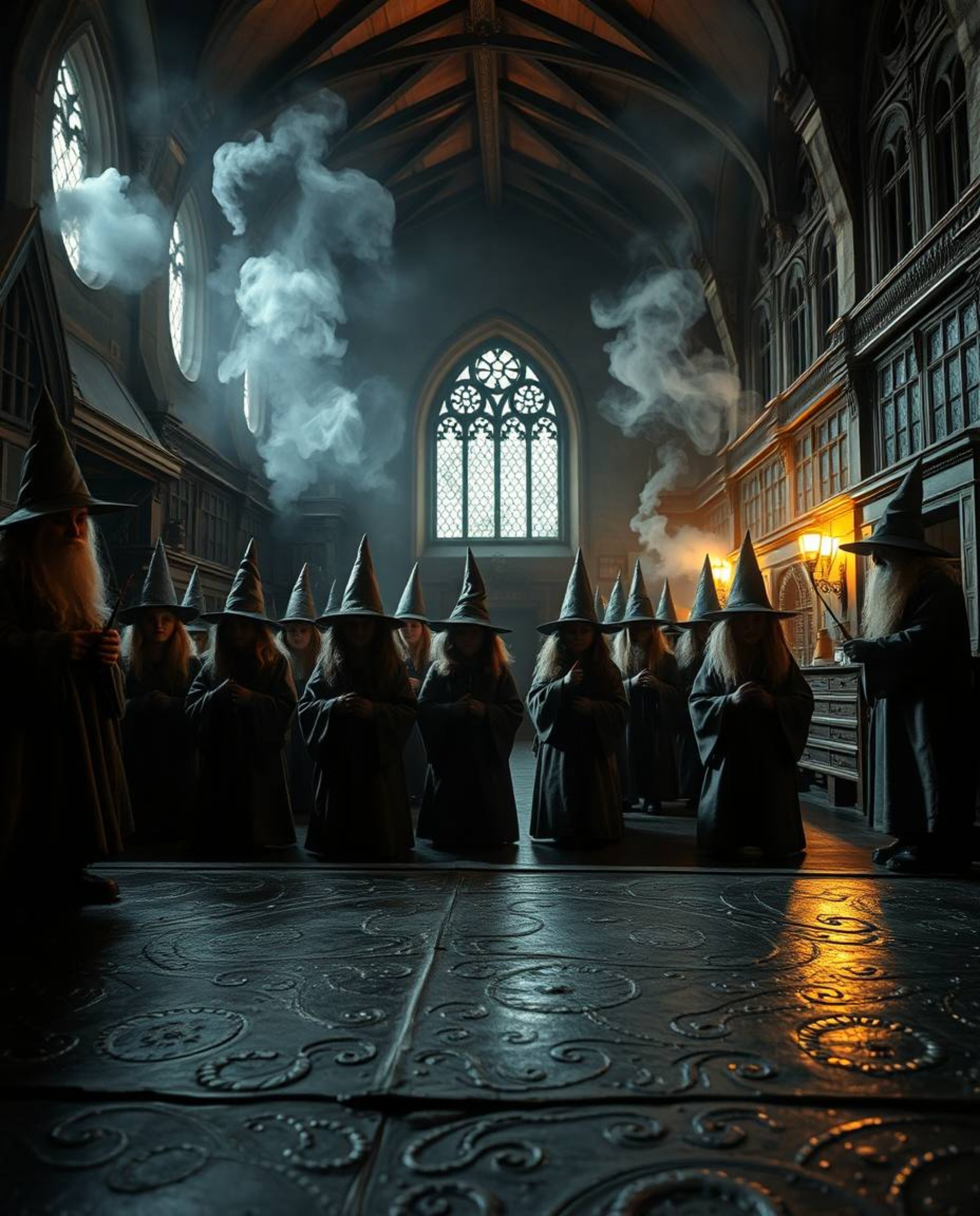 Discover a captivating image of a magical school brimming with young wizards.  The scene is rendered with a striking bronze c