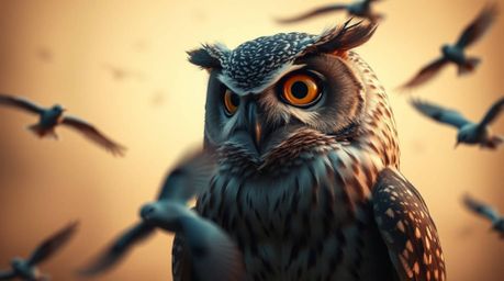 This fine art photograph captures a heartwarming scene of a blind owl, rendered in a charming Pixar-like style, gently encour