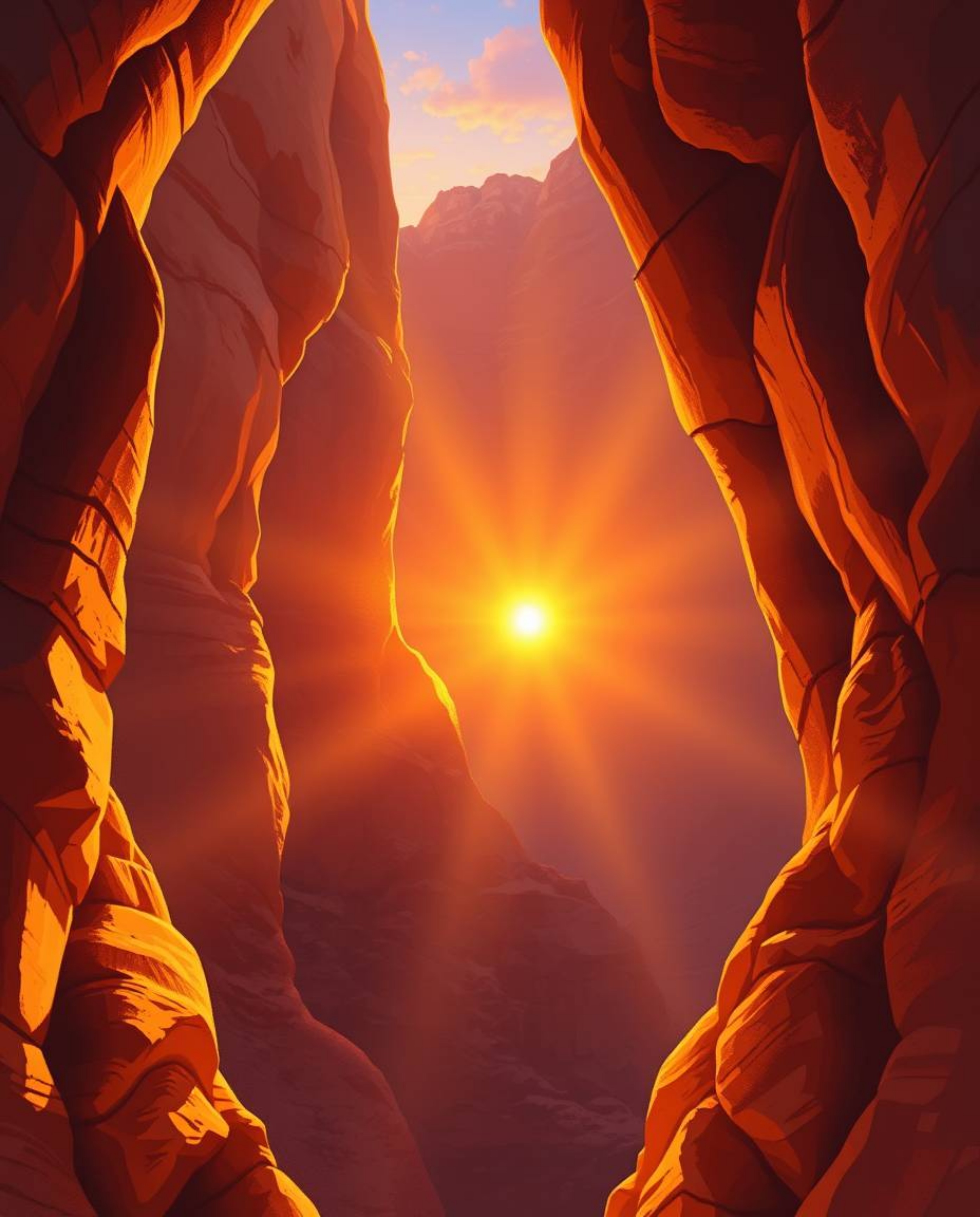 A digital painting captures a sunset illuminating sandstone cliffs in a canyon. The artwork is bathed in a warm golden glow, 