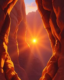 A digital painting captures a sunset illuminating sandstone cliffs in a canyon. The artwork is bathed in a warm golden glow, 
