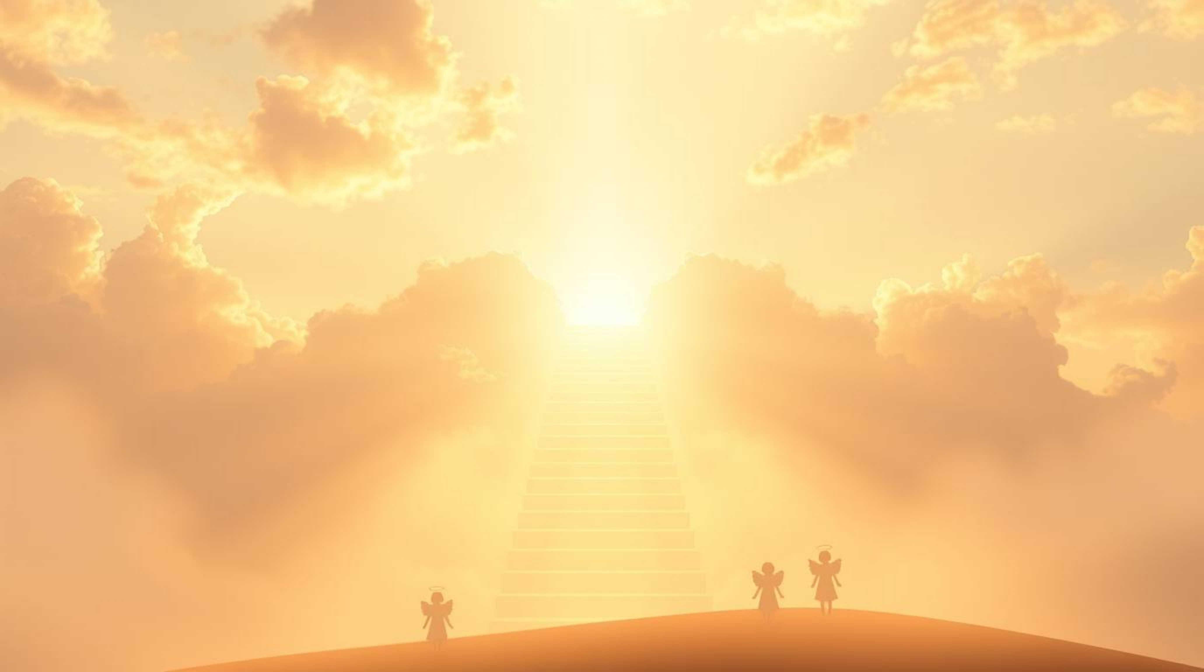 Experience a dreamlike scene of warm golden hour light blending with soft pastel colors. Steps made of light ascend into a cl