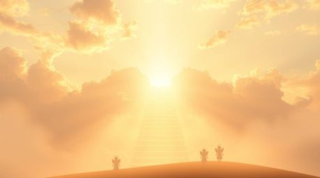 Experience a dreamlike scene of warm golden hour light blending with soft pastel colors. Steps made of light ascend into a cl