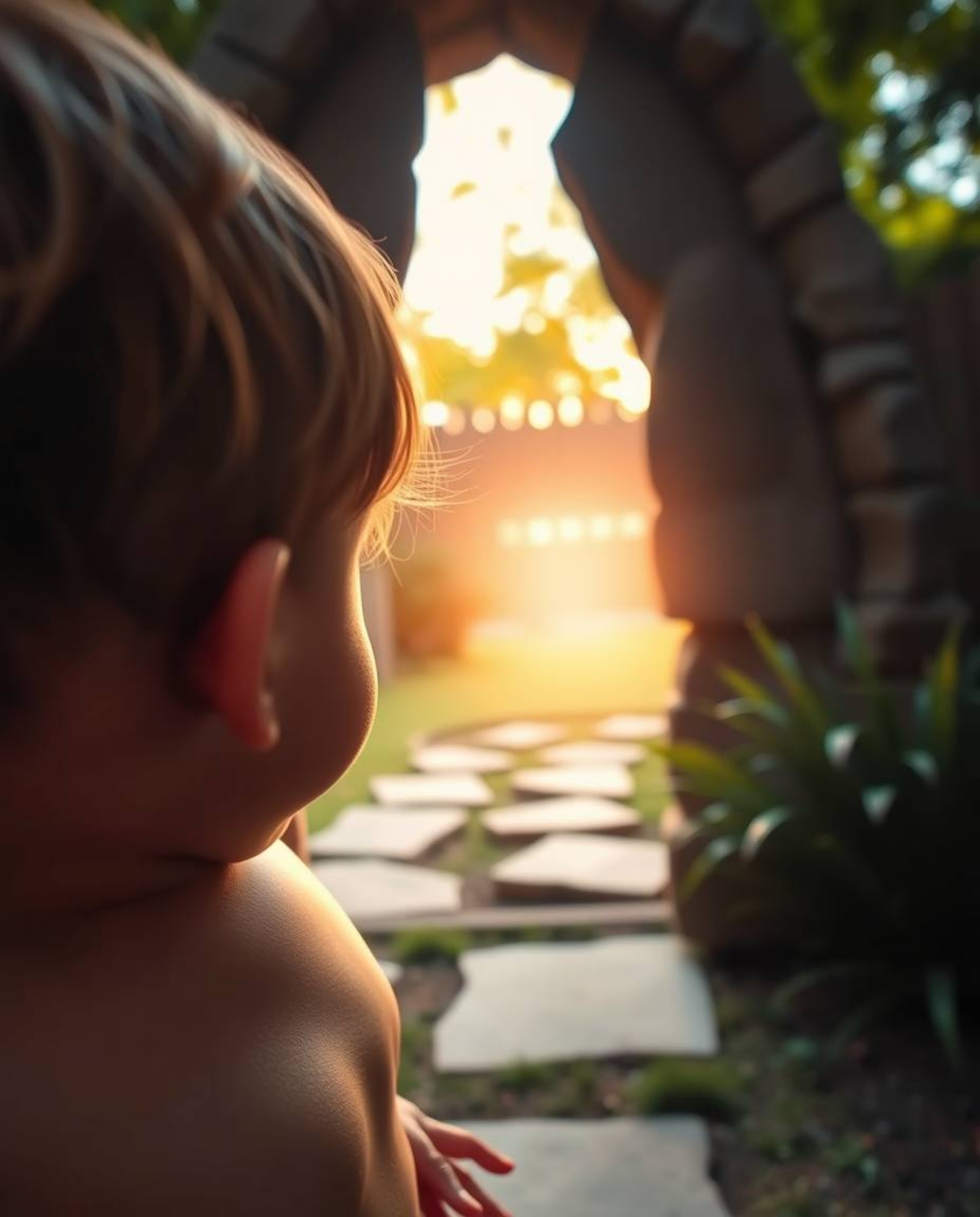 A child with awe-struck eyes stumbles upon a breathtaking magical portal shimmering with a luxurious, warm golden glow in the