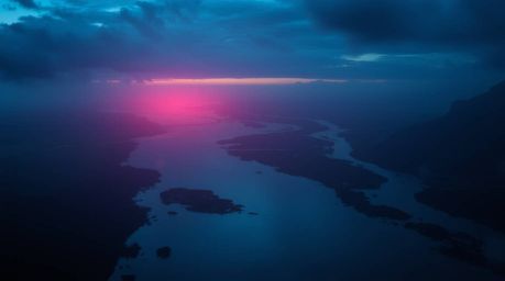 This artwork captures the unsettling beauty of a river delta at twilight, rendered in cool, eerie colors. Dark tones and unse