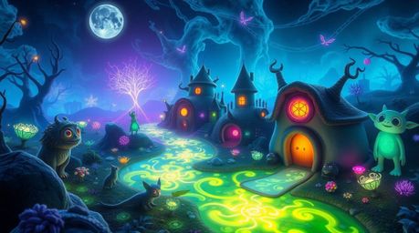 Immerse yourself in a dreamlike surreal world with bioluminescent fantasy kingdom, teeming with quirky magical creatures. Dom