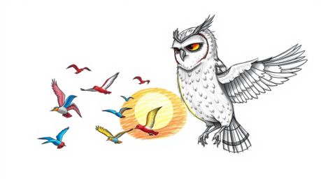 A heartwarming hand-drawn sketch in the style of Pixar depicts a gentle, blind owl with delicate feather details guiding a fl
