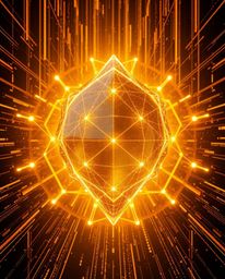 Experience the elegant allure of glitched geometric shapes gracefully floating in a warm, golden cyberspace. This captivating