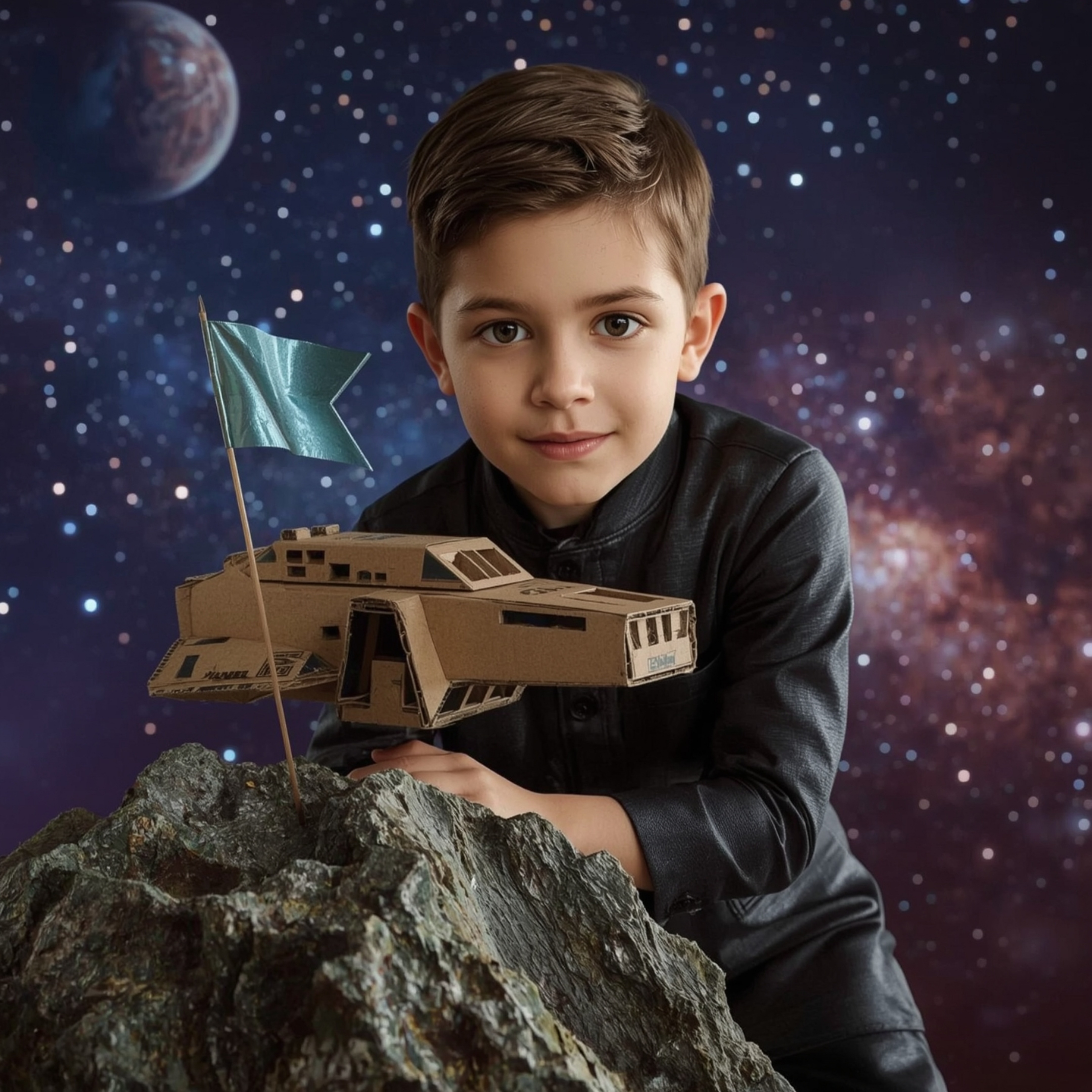 A captivating photograph in the style of Pixar showcases a stylish young boy with bright eyes, meticulously constructing a de