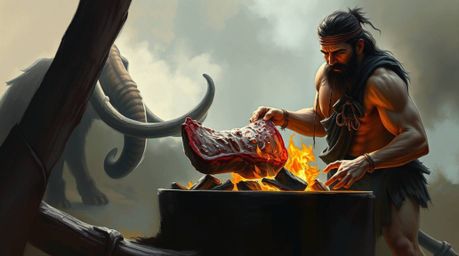Explore a breathtaking digital painting showcasing a caveman skillfully cooking mammoth meat, rendered with loose painterly s