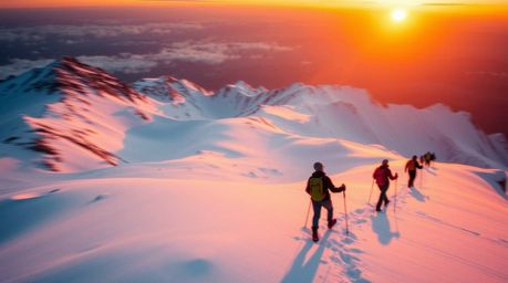 Experience the breathtaking beauty of hikers traversing snow-covered mountains at sunset. This stunning imagery captures the 