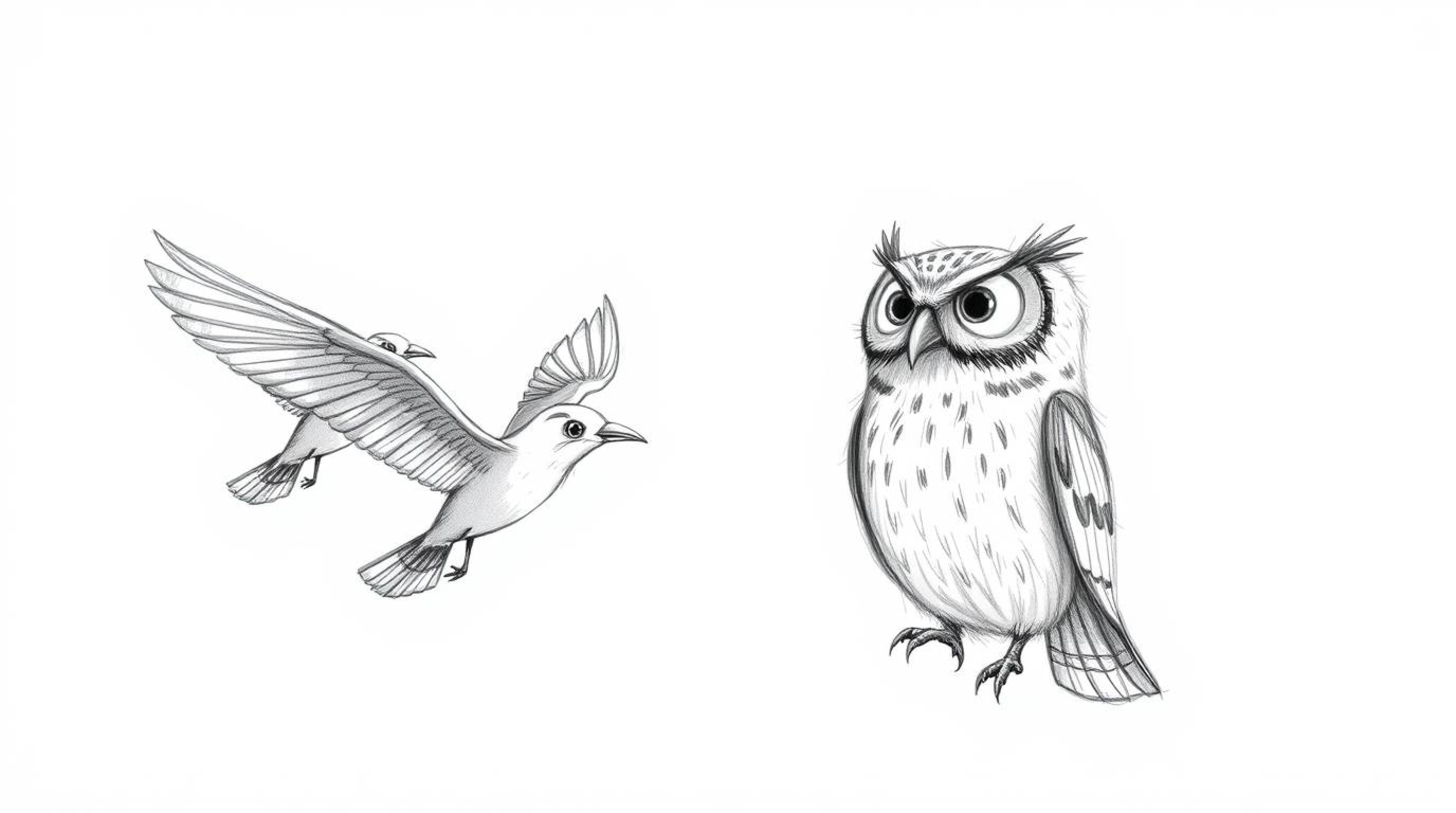A heartwarming scene depicts a blind owl, rendered in a textured pencil sketch reminiscent of Pixar, patiently teaching a gro
