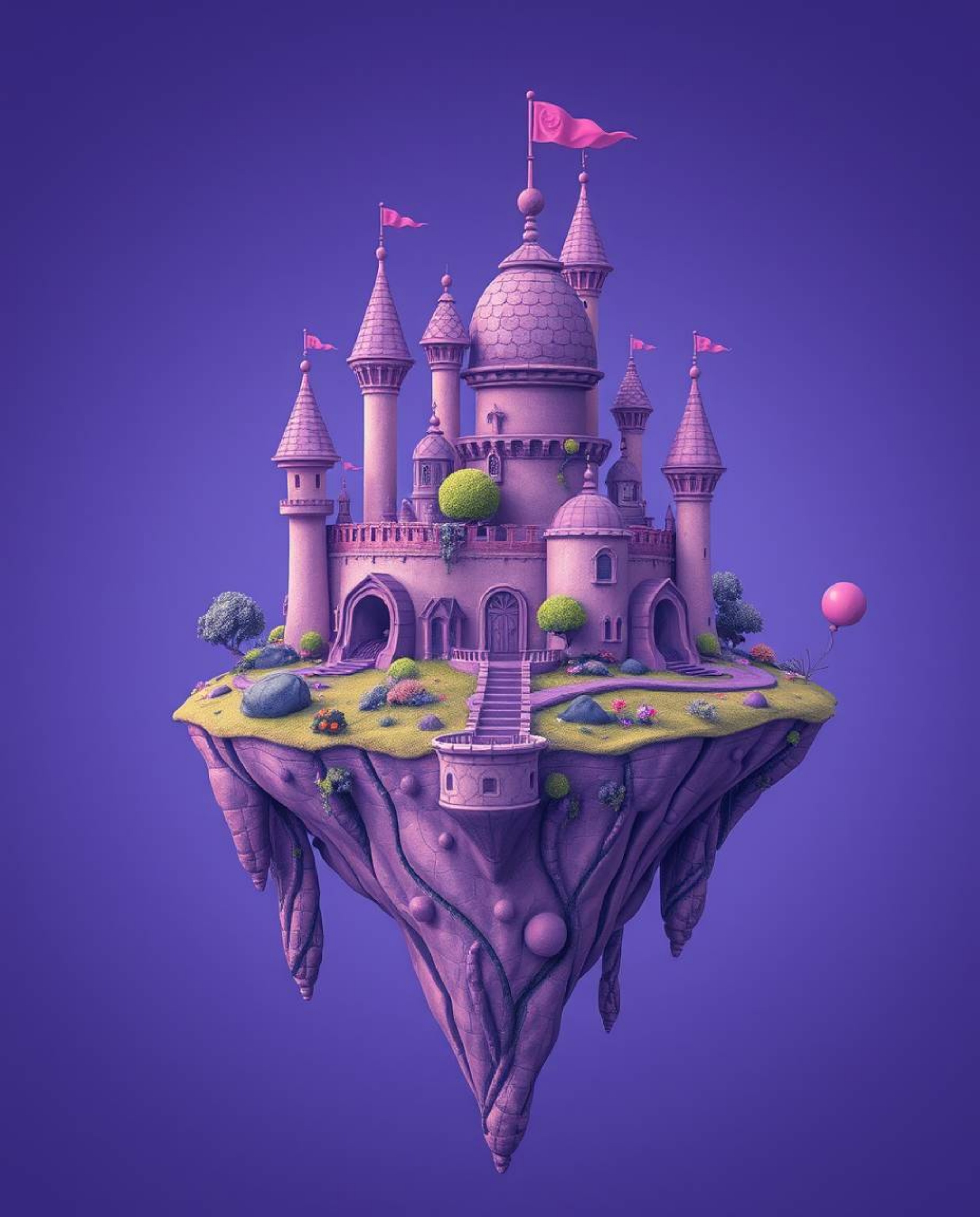 Explore an adorable and cute surreal floating island featuring strange and captivating architecture. The island is bathed in 