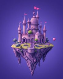 Explore an adorable and cute surreal floating island featuring strange and captivating architecture. The island is bathed in 