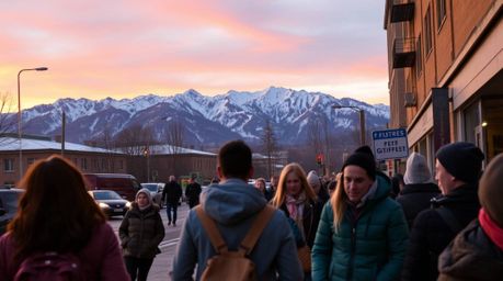Capture spontaneous candid moments in a unique street photography style. This image features snow-covered mountains glowing u