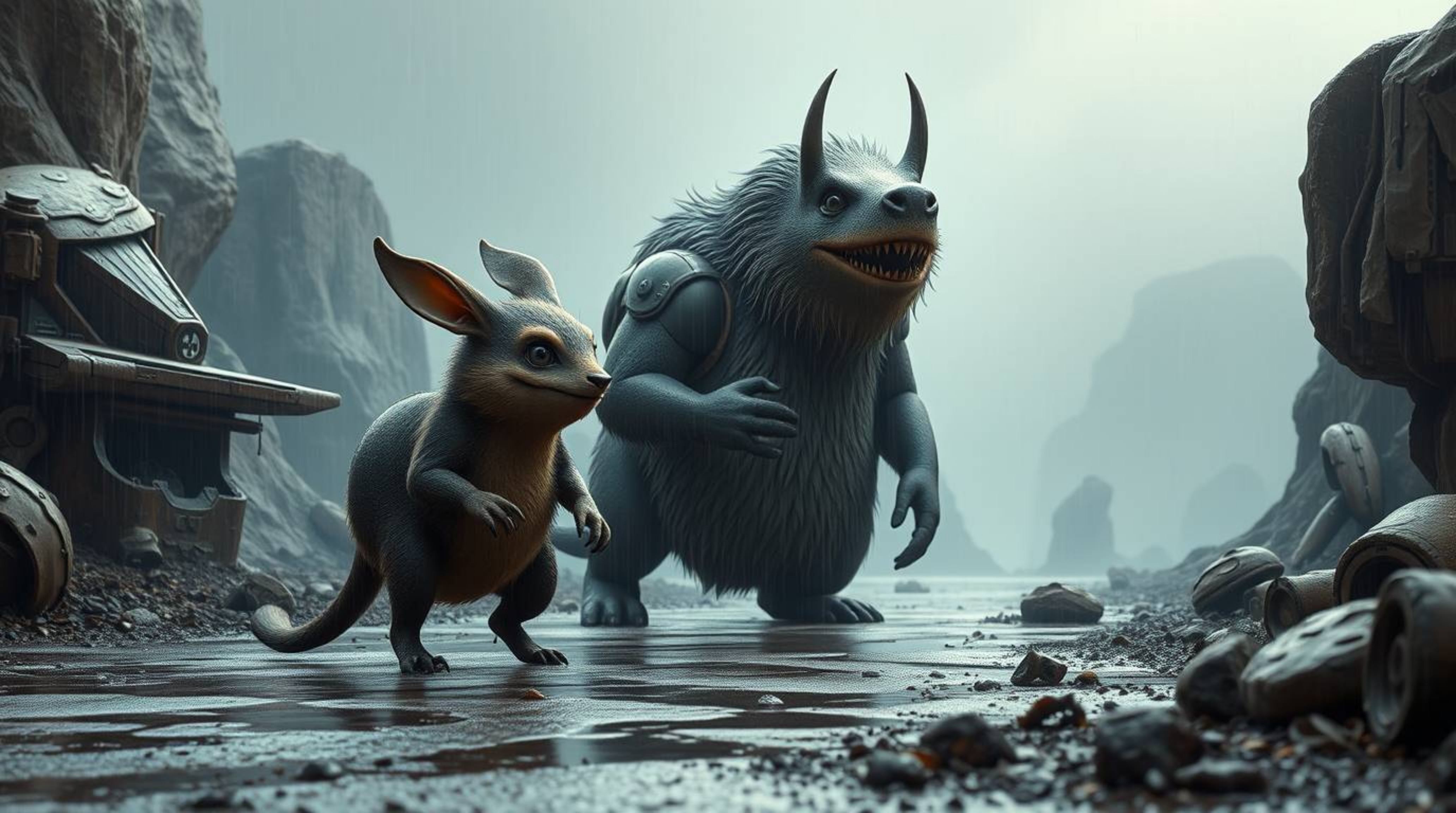 A captivating image depicts two mischievous talking animals in a breathtaking, futuristic, rainy setting.  The scene is rende