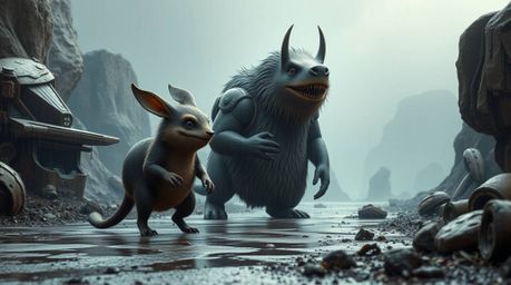 A captivating image depicts two mischievous talking animals in a breathtaking, futuristic, rainy setting. The scene is rende
