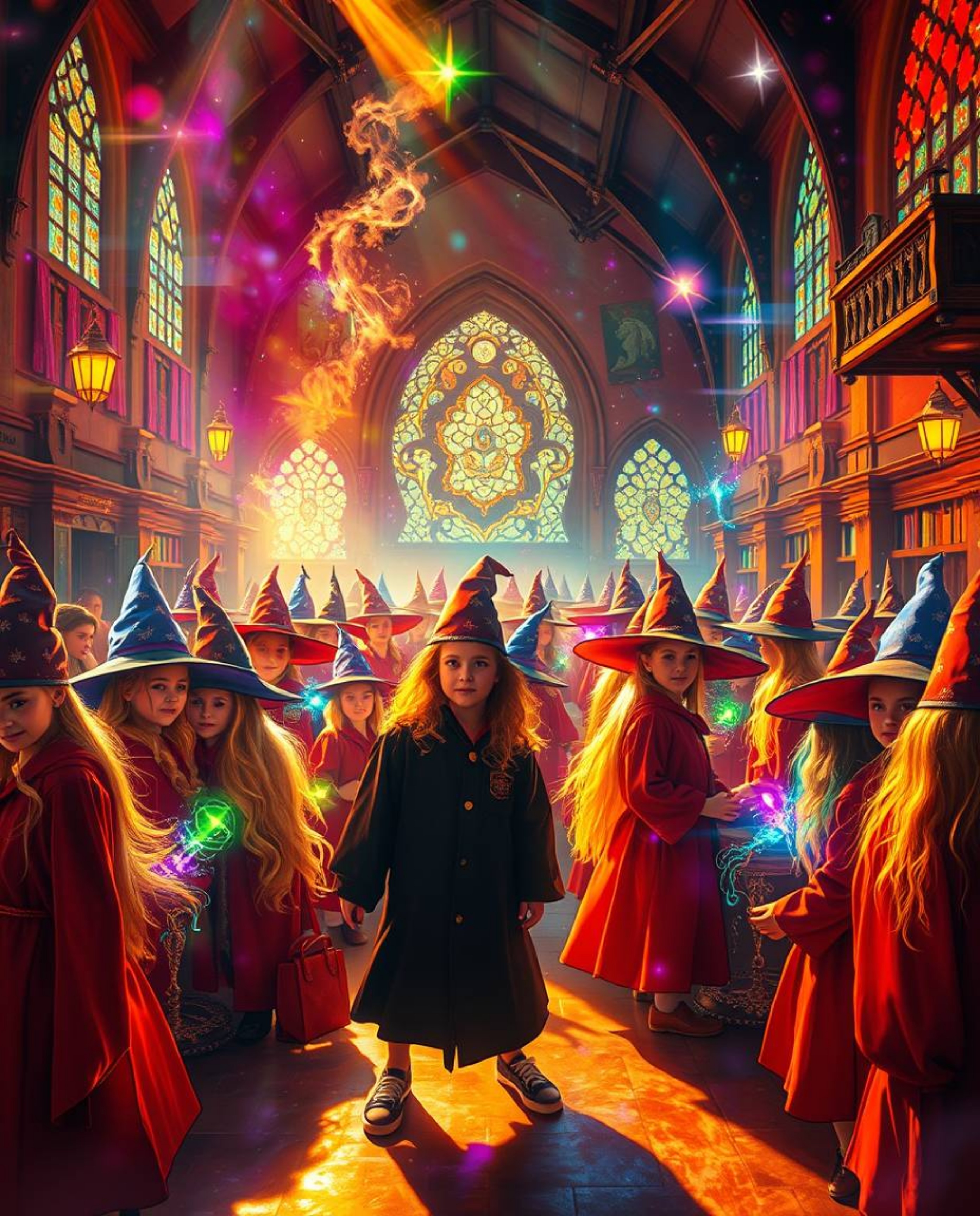 Step into a magical school teeming with vibrant and energetic young wizards. Bathed in bright, contrasting colors, the scene 