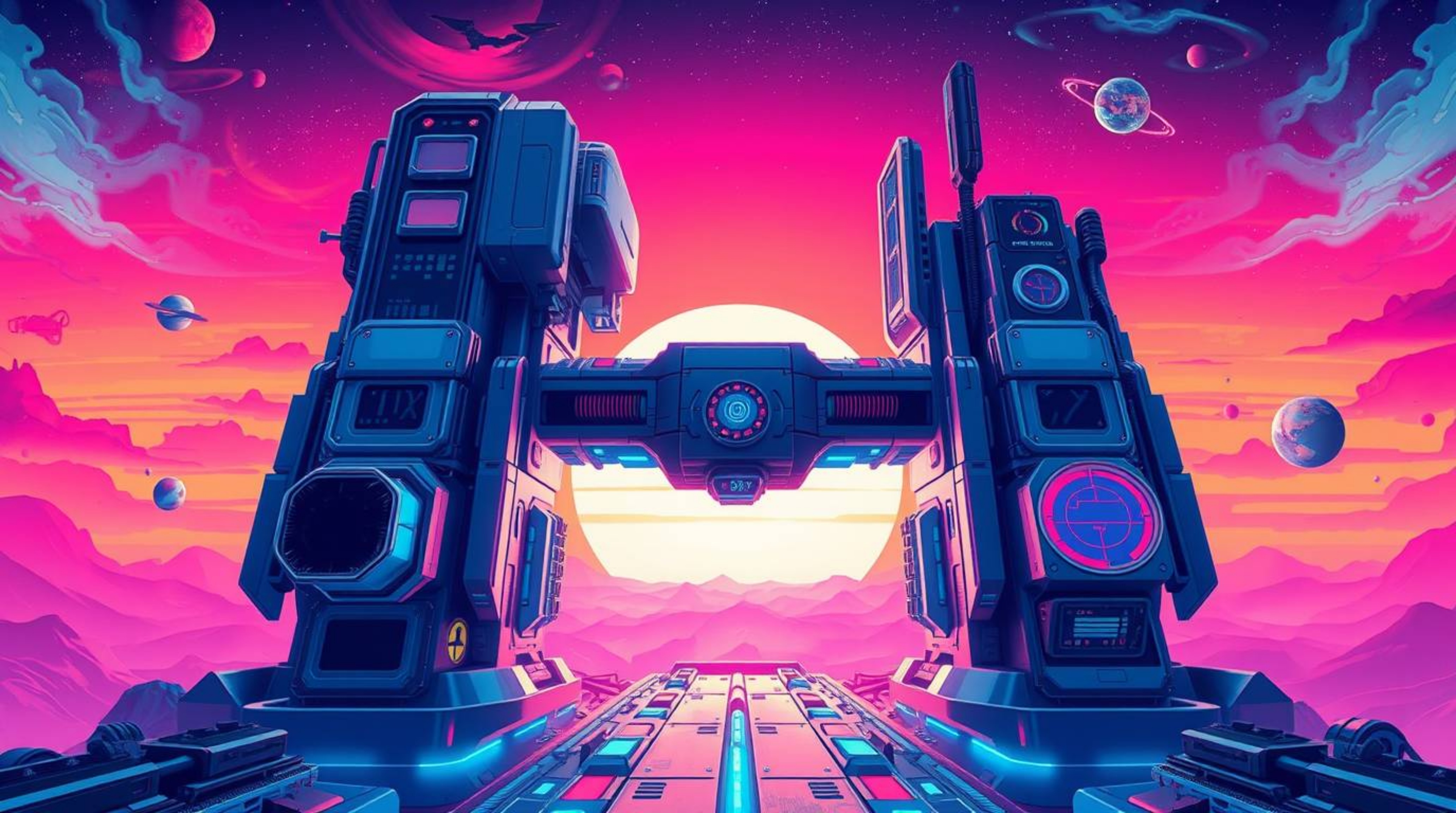 Immerse yourself in a futuristic sci-fi world brought to life with electric and vivid colors. This illustration showcases adv