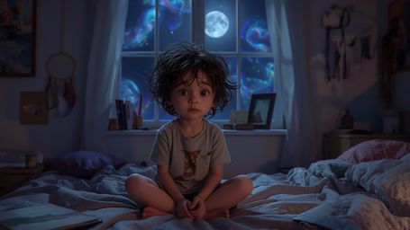 Step into a world of wonder with this highly detailed, cinematic photograph of a curious, moon-eyed kid. In a cozy bedroom fi