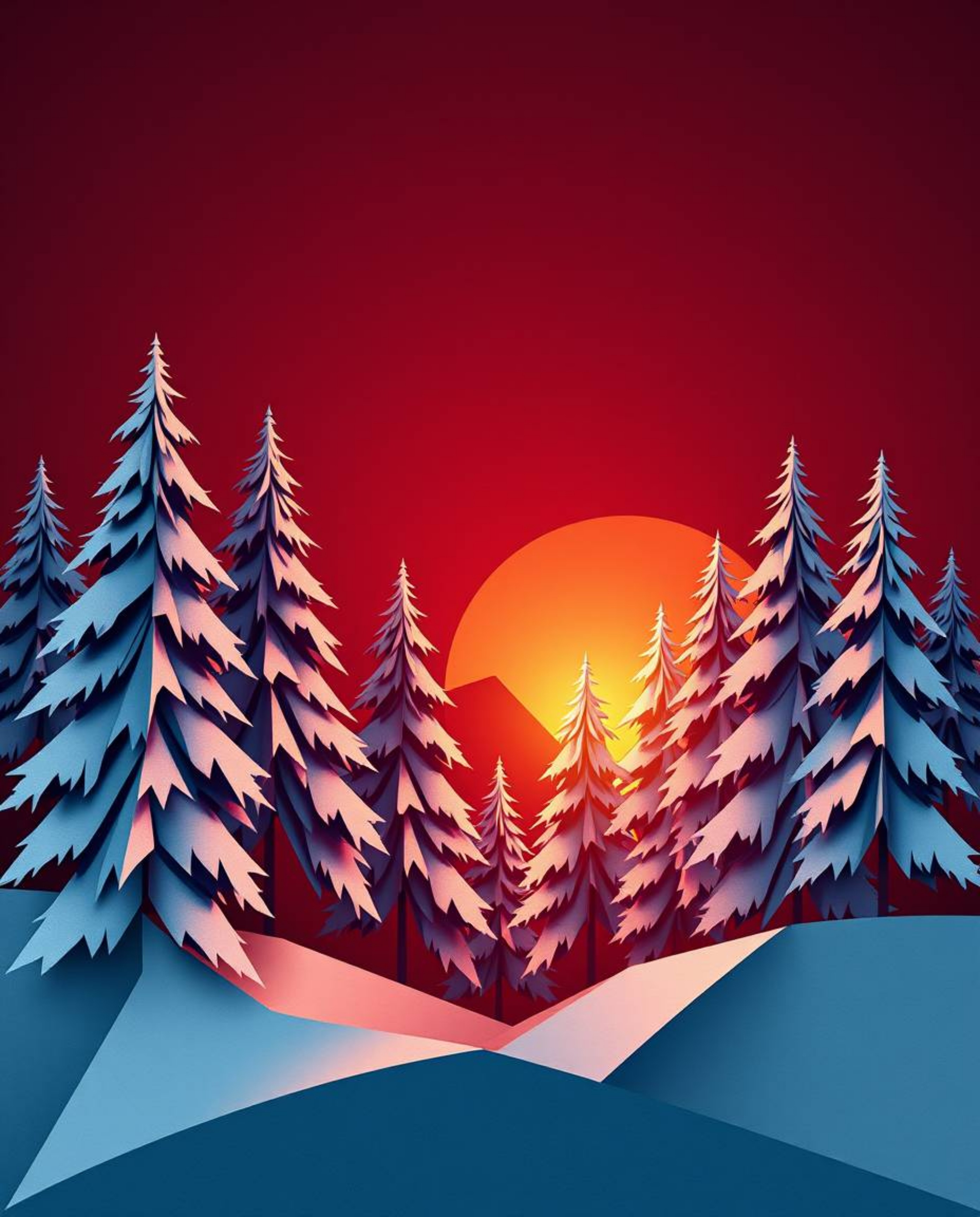 An origami style illustration captures the enchanting scene of sunset light sparkling on snowy pine trees. Using a sophistica