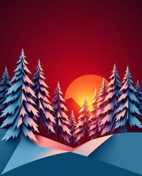 An origami style illustration captures the enchanting scene of sunset light sparkling on snowy pine trees. Using a sophistica