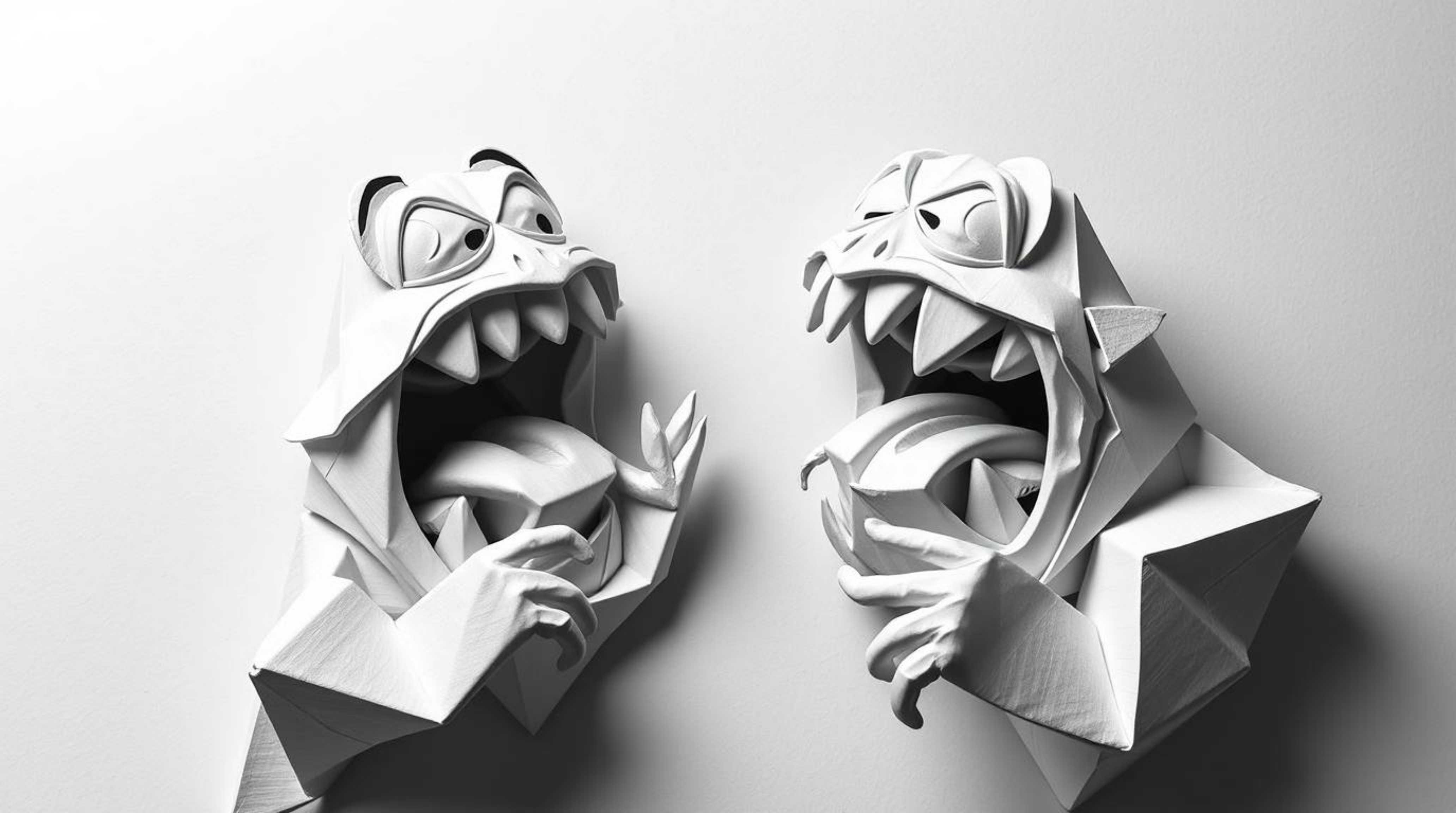 A hilarious gross-out comedy scene, uniquely rendered in intricate black and white origami.  The film showcases elegant folde